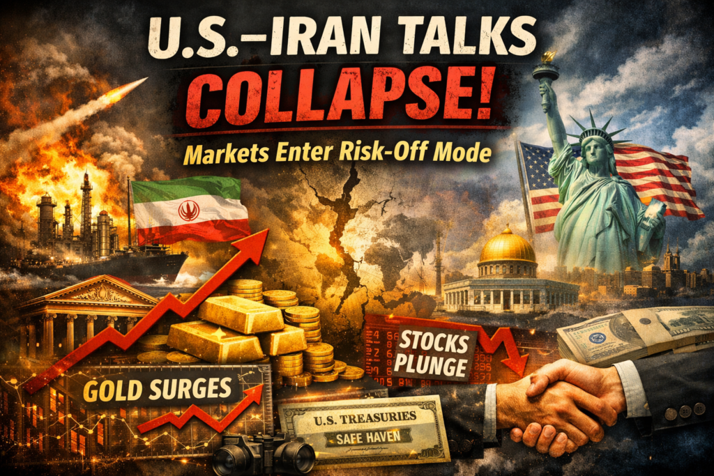 Global markets have shifted sharply into risk-off mode after the breakdown of U.S.–Iran negotiations.